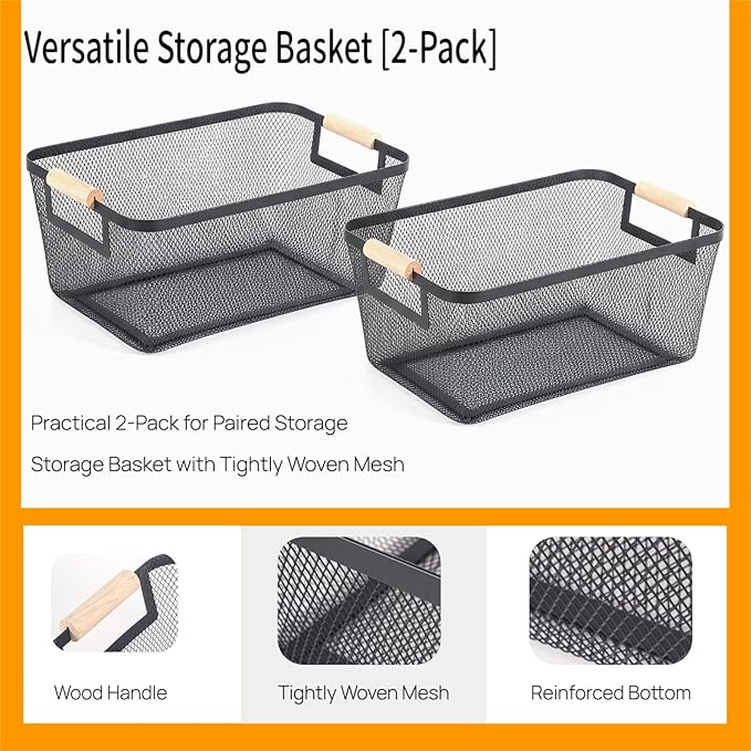 2-Pack Metal Mesh Basket, Small Wire Storage Organizer with Wood Handle for Kitchen Pantry, Bathroom, Cabinet, Closet, Picnic & Home Organization,Small, Black
