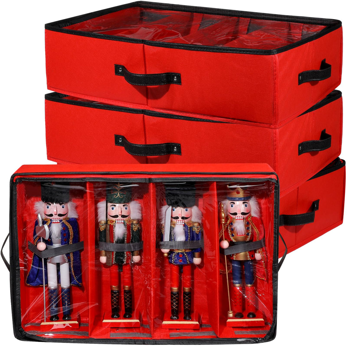 Preboun 4 Pack Christmas Nutcracker Storage Box Clear Top,Red - Image 1