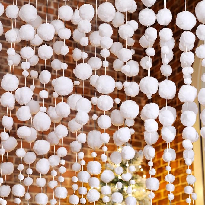 Tegeme 36 Pcs Winter Snowball Garland 6.5 Feet White Pom Pom String Garland Winter Party Wonderland Decoration Snow Ball Hanging Banner White Snowball Decor for Ceiling Tree Holiday Party Wall Home