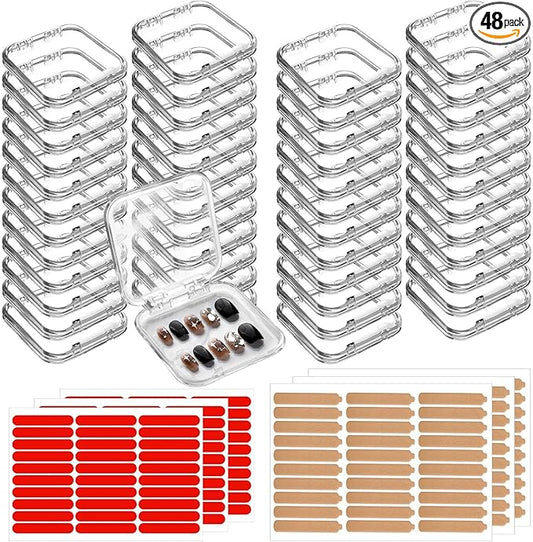 48 Sets Press On Nail Storage Box, Clear Artificial Nail Display Case Acrylic Nail Boxes Press On Nail Packaging Box, Adhesive Double Sided Tape Nail Box for Nail Salon