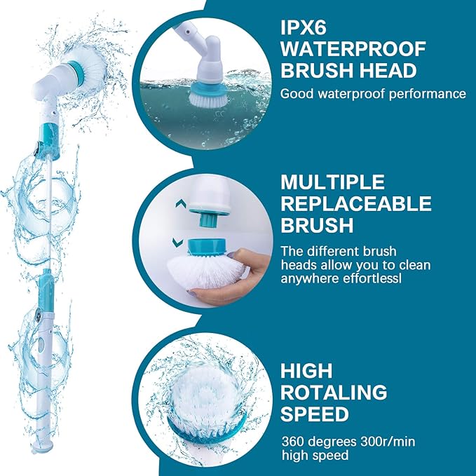 Electric Spin Scrubber 360 Cordless Power Brush Shower Scrubber, Electric Brush Scrubber with Adjustable Extension Arm and 3 Replaceable Bathroom Scrubber Cleaning Brush Heads