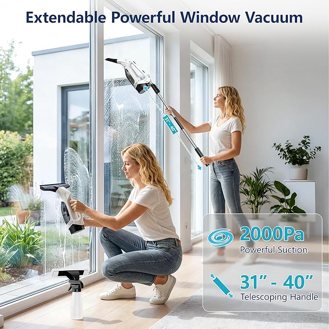 Aixiqee Window Vacuum Squeegee with Extendable Pole 31-40", 2000Pa Electric Window Cleaning Tool with 2200mAh and 150ml Dirty Water Tank, Long Handle Squeegee for Shower Glass, Window Cleaning (White)
