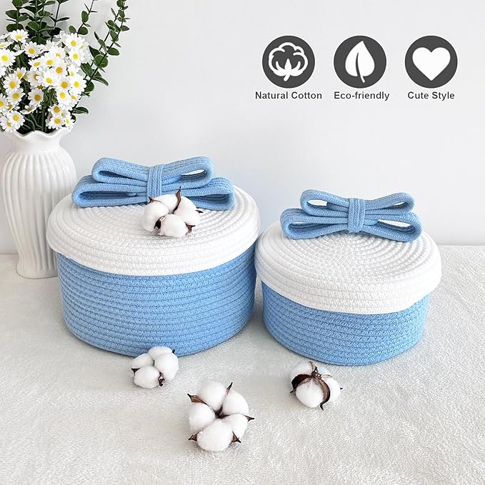 Cute Storage Baskets with Lids, Small Round Woven Rope Basket with Lid, Small Toy Box for Kids, Cat or Dog, Cute Basket for Gift, Toy or Home Decor, Chic Bow Handle (blue)