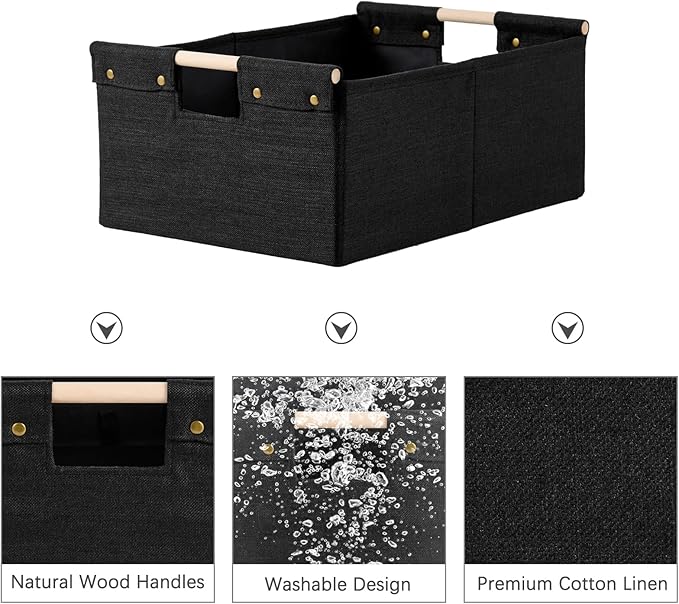 2PCS Storage Bins Cotton Linen Fabric Storage Boxes Basket with Wooden Handles Foldable Washable Decorative Shelf Container Closet Clothes Organizer Home Laundry (Small Size, Black)