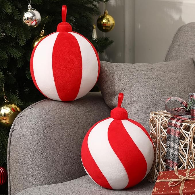 2 Pcs Christmas Pillows 7 Inch Round Christmas Ornament Shaped Throw Pillow Cute 3D Ball Xmas Throw Cushion Decoration for Bed Couch Sofa Chair Living Room(Red and White)
