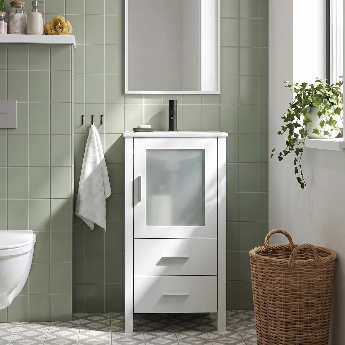 16 inch White Bathroom Vanity with Sink, Black Faucet - Image 1
