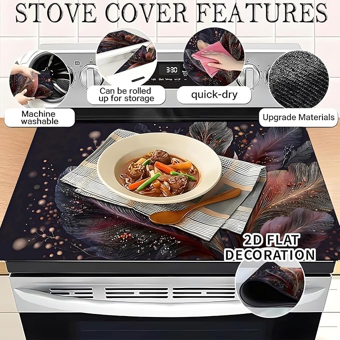 Stove Top Covers for Electric Stove, Greaseproof Cooktop Guard, Spill-Control Worktop Pad, Washable Countertop Cover, 28.3 x 20.5 Inches, Feather Art Decor(Feather)