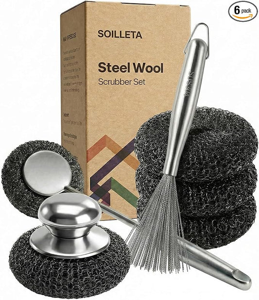 6 Pcs Stainless Steel Wool Scrubber – Heavy Duty Metal Scouring Pads for Kitchen, Cast Iron Pan & Grill – Rust Resistant, Non-Splintering,Odor Free Wire Sponges for Tough Grease & Burnt Food
