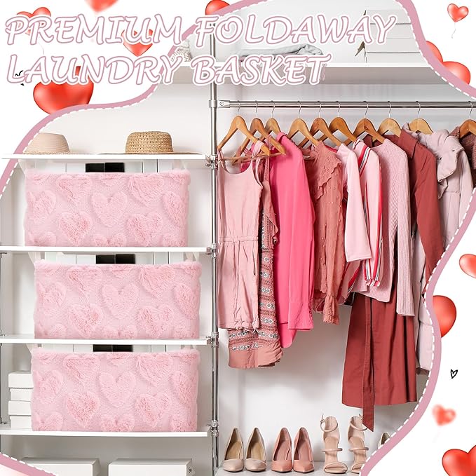 Kathfly Pink Heart Storage Baskets Valentine's Day Plush Faux Fur Jacquard Design Laundry Basket with Handles Waterproof Storage Bins Fabric Shelf Baskets for Organizing