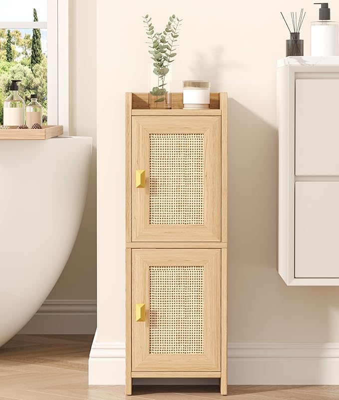 Rattan Small Bathroom Cabinet with 2 Doors, 7.9''D x 9.8''W Narrow Toilet Paper Storage Cabinet, Bathroom Organizer for Small Spaces, Wooden Slim Corner Unit with Adjustable Shelf, Natural Oak
