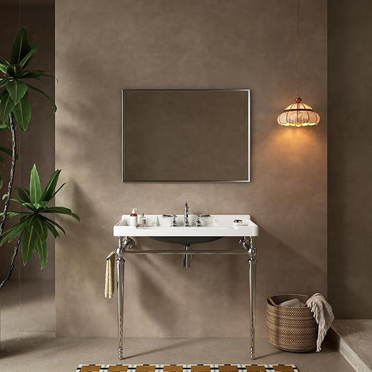 36" Bathroom Console Sink, Wall-Mounted White Ceramic Vanity Basin with 3 Pre-drilled Faucet Holes, Freestanding Chrome Stainless Steel Support Legs with Towel Bar, No Faucet - Rome, White