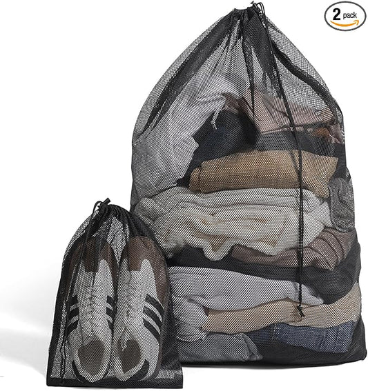 2 Pack Mesh Laundry Bags - Large & Small Heavy Duty Mesh Laundry Bag with Drawstring, Wash Bags for Travel, College, Dorms, Sports, Family, Black