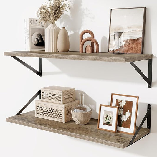 Deep Floating Shelves for Wall,30" Wx10 D Wood Floating Shelf Set of 2,Sturdy Metal Bracket Wide Display & Storage,Wall Mounted Hanging Floating Shelves for Living Room,Bedroom,Kitchen,Grey