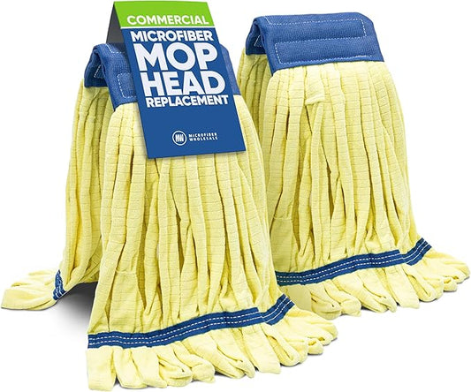 Commercial Mop Head Replacement - 2 Pack Large Yellow Microfiber Tube Mop | Industrial Wet Mops | Washable Refill, Reusable, Heavy Duty, Looped End Mopheads | Hardwood, Concrete