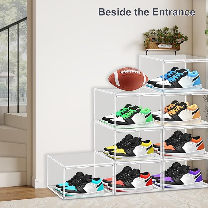 14 Pack Clear Shoe Boxes Size 12 Shoe Storage Organizer for Closet Stackable Shoes Rack Handbag Organizer Plastic Sneaker Storage Bin with Magnetic lids