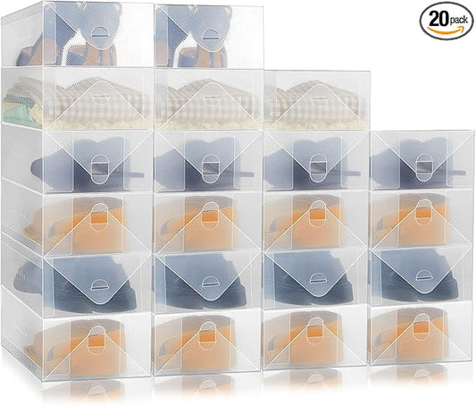 Sintuff 20 Pcs Clear Shoe Boxes Plastic Stackable Clear Shoe Storage Boxes for Women Men Ankle Boots High Heels Rooms Closet(11.8 x 7.5 x 3.7 Inches)