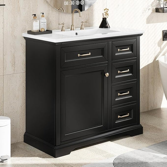 Christopher Knight Home Meril Bathroom Vanity with Ceramic Sink, Wooden Bathroom Storage Cabinet, Pedestal Sink Storage Cabinet, Bathoom Vanity Organizer, Adjustable Door Shelves+Drawer, Black