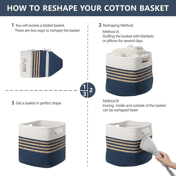 UBBCARE Set of 4 Storage Cubes 11 X 10.5 X 10.5 in, Water Hyacinth Storage Bins for Shelves, Toys, Books, Organizing Baskets with Handles, Cotton Rope Woven Baskets, Blue