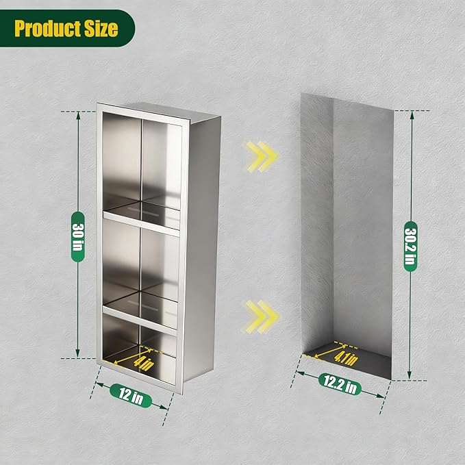 EasyVibe 3-Tier 304 Stainless Steel Shower Niche 30 x 12 Inch, No Tile Needed Large Recessed Wall Insert with Three Shelves, Brushed Metal Waterproof Storage for Bathroom & Wet Room, Sliver