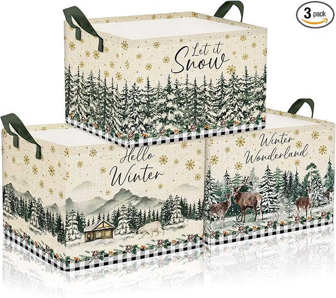 Geelin 3 Pcs Christmas Winter Baskets Wonderland Storage Basket for Gifts Collapsible Waterproof Canvas Xmas Reindeer Storage Bin Organizer with Handles for Book Closet Shelf Nursery Decor