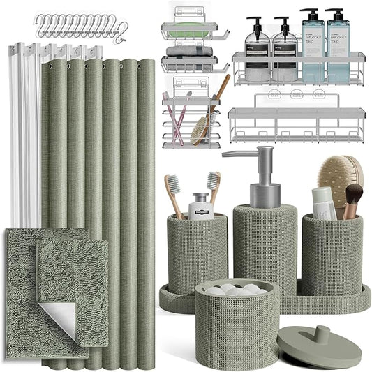 Clara Clark Sage Green Bathroom Set - Bathroom Sets with Shower Curtain and Rugs, 26PC Bathroom Accessory Set, Shower Curtain Set with Adhesive Corner Shower Caddy Hanging & Soap Dispenser