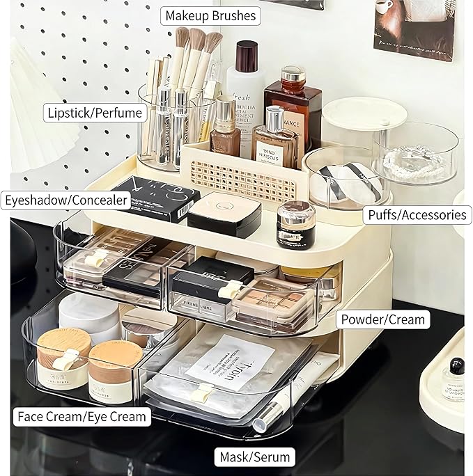 Large Rotating Makeup Organizer with Drawers, 3 Tier Skincare Storage Tower for Vanity, Bathroom Countertop Cosmetic Display Case with Brush Holder & Handle