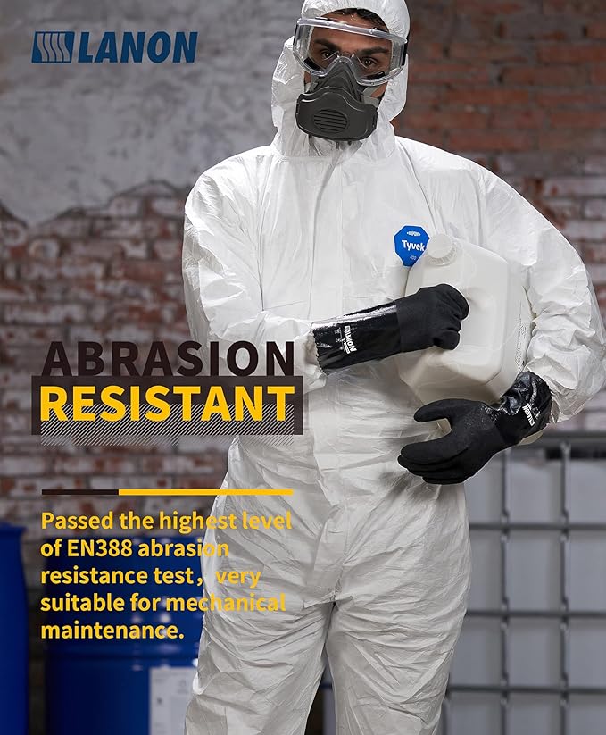 LANON Nitrile Chemical Resistant Gloves, Reusable Heavy-Duty Rubber Gloves with MicroFoam Textured Palm, Acid, Alkali and Oil Protection, Black, Large