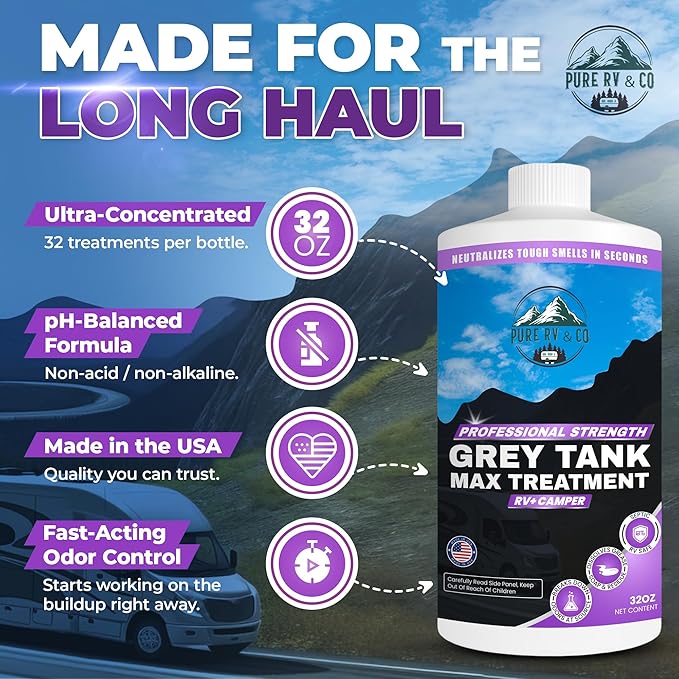 Grey Water Tank Treatment, Fast-Acting RV Holding Tank Treatment, Camper Toilet & RV Black Tank Cleaner, Non-pollutant Enzymatic Odor Eliminator, Safe for Septic & Marine Systems(32oz)