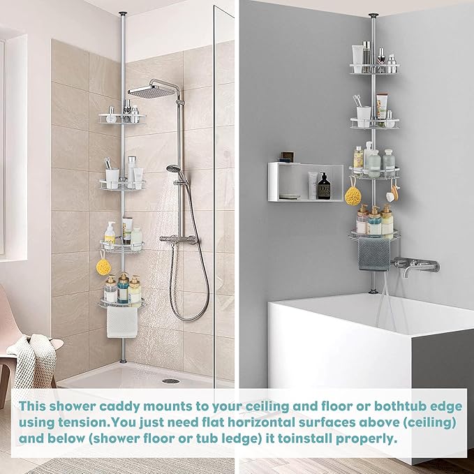 WPT Grey Shower Caddy Corner Organizer for Bathroom, Stainless Steel Tension Pole Corner Shelf Shower Caddy Stand for Bathtub Shampoo Storage, 4 Tier Adjustable Shelves, 28.7 to 104.7 Inches