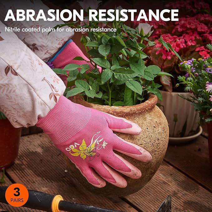 Vgo... 3Pairs Ladies' Nitrile Coating Gardening and Work Gloves (Size M, Green & Pink & Purple, NT2110)