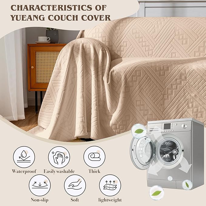 Waterproof Couch Cover for Dogs, Reversible Anti-Scratch Sofa Slipcover, Pet-Friendly and Anti-Slip Sofa Covers Washable with 3 Cushions (71×134in/Khaki)