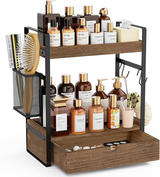 2-Tier Bathroom Counter Organizer with Drawer Basket and Hooks, Wood Bathroom Organizers and Storage for countertop, Farmhouse Dark Brown Countertop Organizer, Counter Shelf for Vanity Kitchen Office
