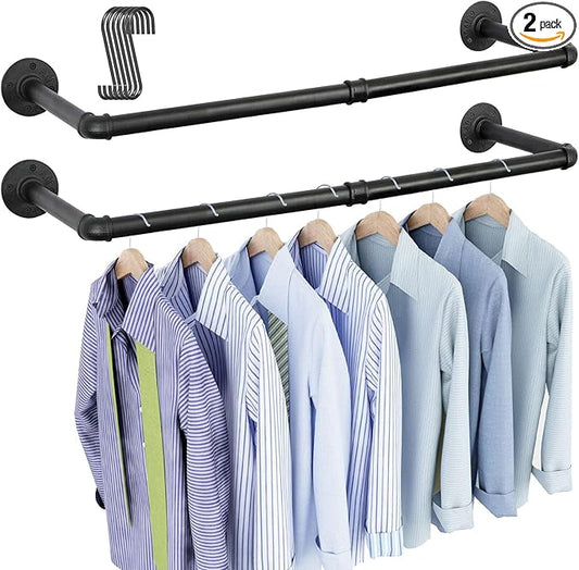 OROPY Industrial Pipe Clothes Rack Wall Mounted Set of 2, 38.4 inches Heavy Duty Iron Pipe Clothing Garment Rail, Multi-Purpose Clothing Hanging Rod for Laundry Room and Closet Storage