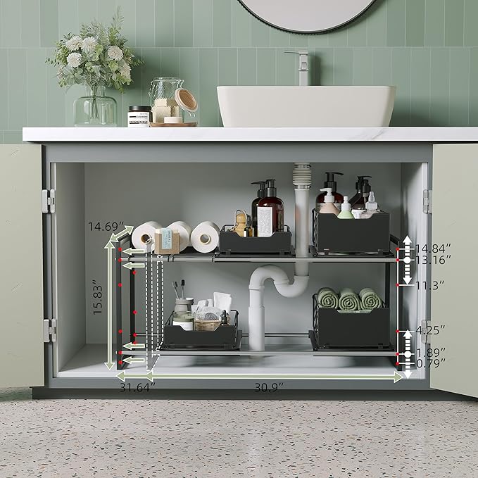 Adjustable Under Sink Organizers and Storage — Expandable Cabinet Storage Shelf with 4 Pull Out Baskets