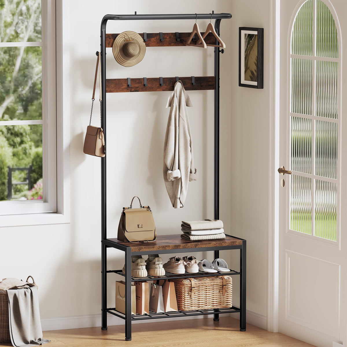 DUMOS 5-in-1 Hall Tree with Coat Rack and Shoe Bench - Image 1