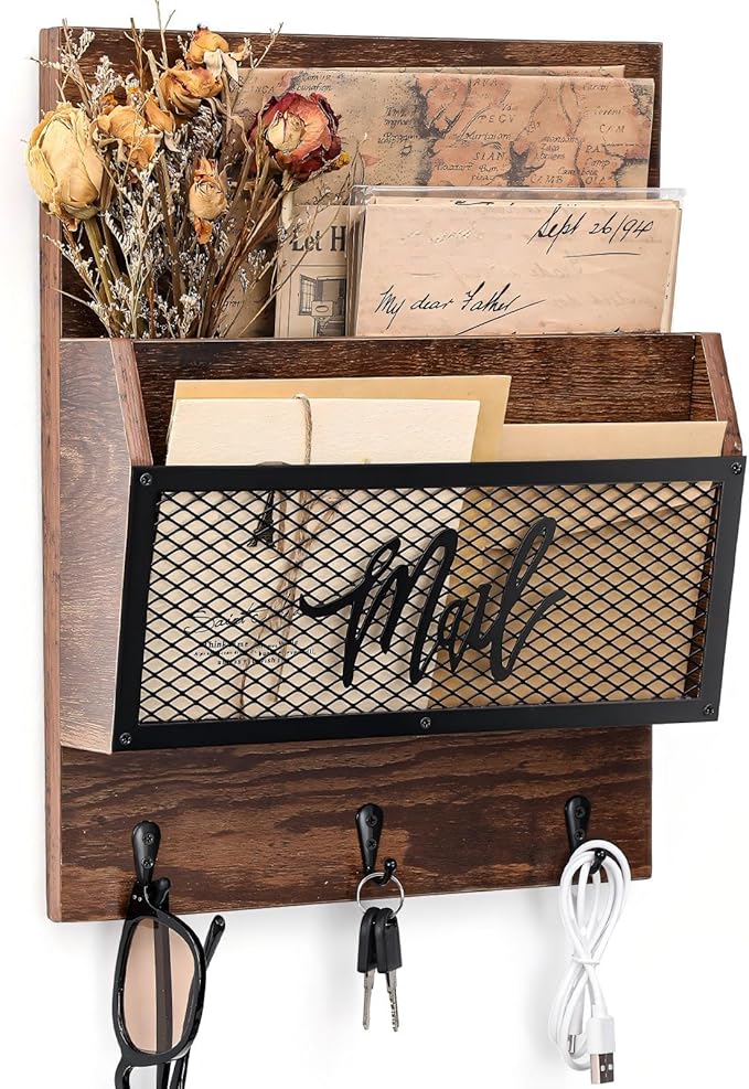 Farmhouse Mail Organizer Wall Mounted Rustic Mail Holder Hanging Key Sorter with 3 Hooks Indoor Wooden Wall Mounted, Letter, Magazines, Newspapers, Keys(Classics,Brown)
