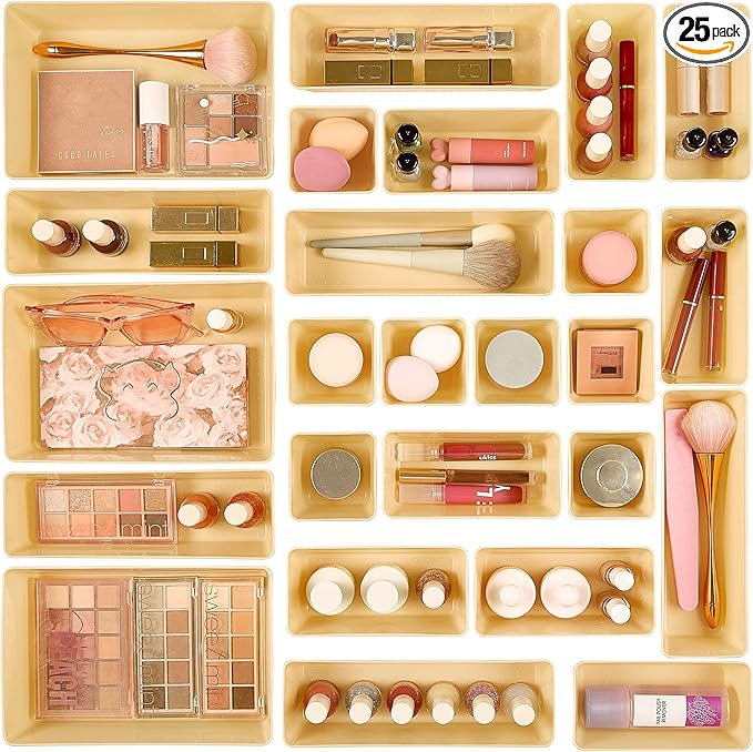 Vtopmart 25 PCS Plastic Drawer Organizers Set, 4-Size Versatile Bathroom and Vanity Drawer Organizer Trays, Storage Bins for Makeup, Bedroom, Kitchen Gadgets Utensils and Office
