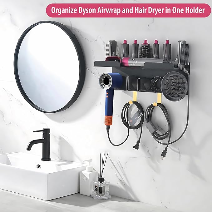 Upgraded 2-in-1 Holder Compatible with Dyson Airwrap and Hair Dryer, Suitable for Both Nural and Supersonic Models, Wall Mounted Stand to Organize Airwrap and Hair Dryer Attachments