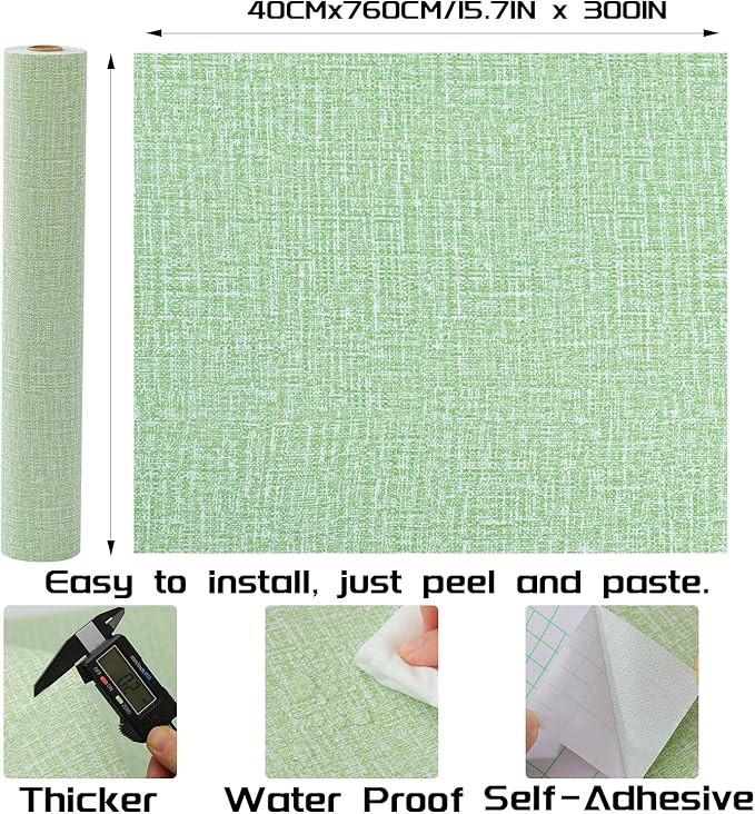 Peel and Stick Wallpaper Green Grass Cloth Wall Paper - 15.7 x 300 Inch Self Adhesive Wallpaper Peel and Stick, Easy to Paste Wall Contact Paper for Stand Liner, Table and Door Makeover Decor