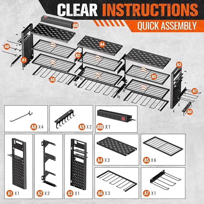 49.8" W Power Tool Organizer Wall Mount with Charging Station, Large Garage Organization with 12 cordless Drill Holder, 4 Layers Tool Organizers and Storage, Tool Rack with 6 Power Strip, Black