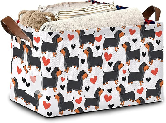Dachshund Storage Basket,Red Heart Collapsible Storage Bin Cubes for Living Room Bedroom Blankets Home Storage 17x11.5x10Inch