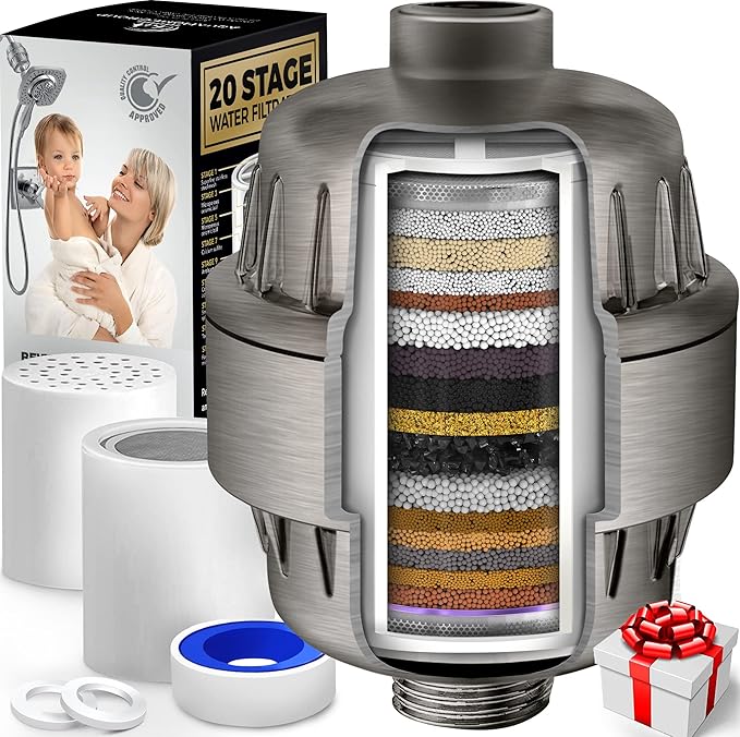 AquaHomeGroup 20 Stage Shower Head Filter with Vitamin C E A for - High Output Filter to Remove Chlorine and Fluoride - 2 Replacement Cartridges - Consistent Flow Showerhead Filter