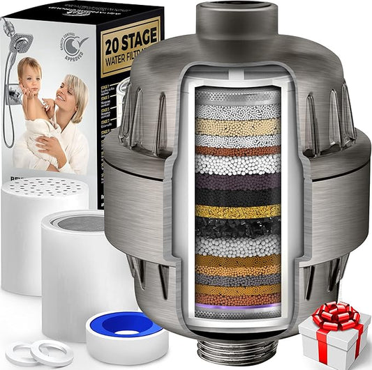 AquaHomeGroup 20 Stage Shower Head Filter with Vitamin C E A for - High Output Filter to Remove Chlorine and Fluoride - 2 Replacement Cartridges - Consistent Flow Showerhead Filter