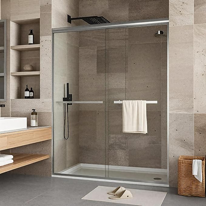 Sliding Shower Door 56–60 inch W× 72 inch H,Dual Sliding Frameless Glass Panels with 6mm Tempered Glass, Brushed Frame, Contemporary Shower Doors for Walk-in Bathroom Remodel