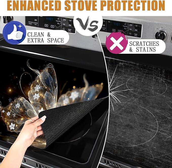 Stove Top Covers for Electric Stove, Waterproof Cooktop Guard, Wipe-Clean Range Shield, Reusable Countertop Pad, 28.3 x 20.5 Inches, Gold Butterfly Kitchen Decor（Smart butterfly）