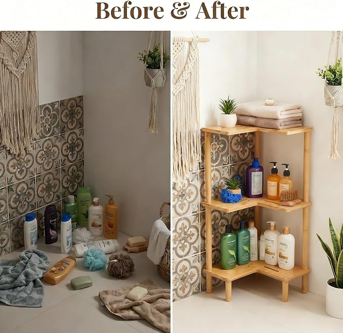 Bamboo Corner Shower Caddy Stand 3-Tier, Standing Shower Organizer with Anti-Slip Feet, Waterproof & Durable Bathroom Shower Shelf, Space-Saving Design Storage for Kitchen or Living Room