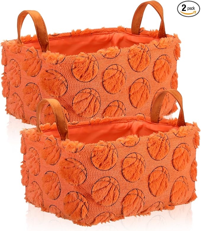 2 Pcs Orange Basketball Storage Baskets 14x10 Inch Easter Basket Sport Theme Home Decor Foldable Fluffy Plush Storage Bin with Handle Decorative Closet Organizer for Home Office Laundry Car