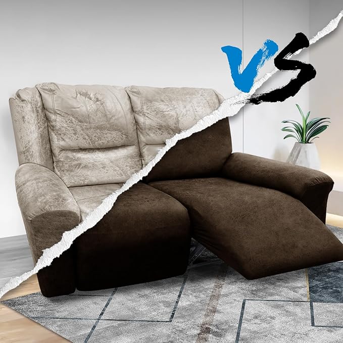 Loveseat Cover 6-Pieces for 2 Seater Reclining Sofa - Leather Look Slipcover With Pockets, Spandex Furniture Protector (Coffee)