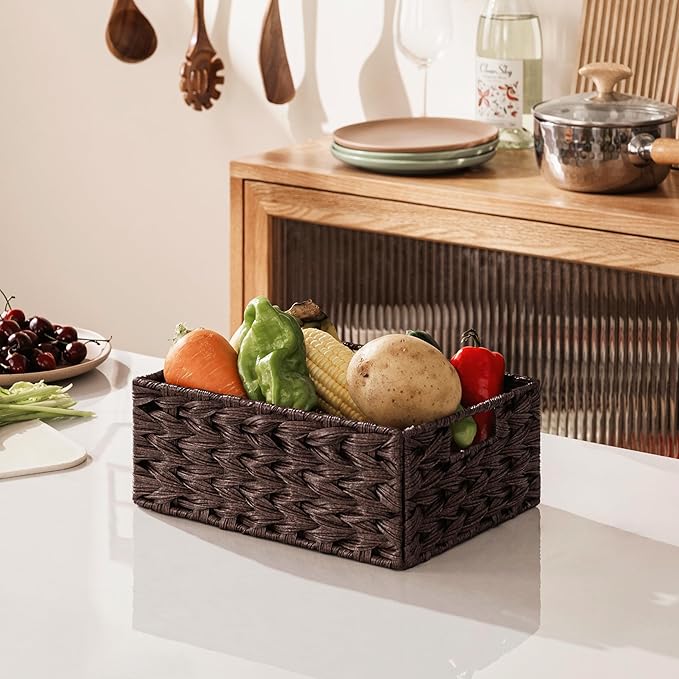Storage Baskets with Label — Wicker Pantry Baskets for Shelves, Waterproof Woven Basket for Organizing, 2-Pack Plastic Rectangle Organizers with Handles, Dark Brown (10L×8H×4W)