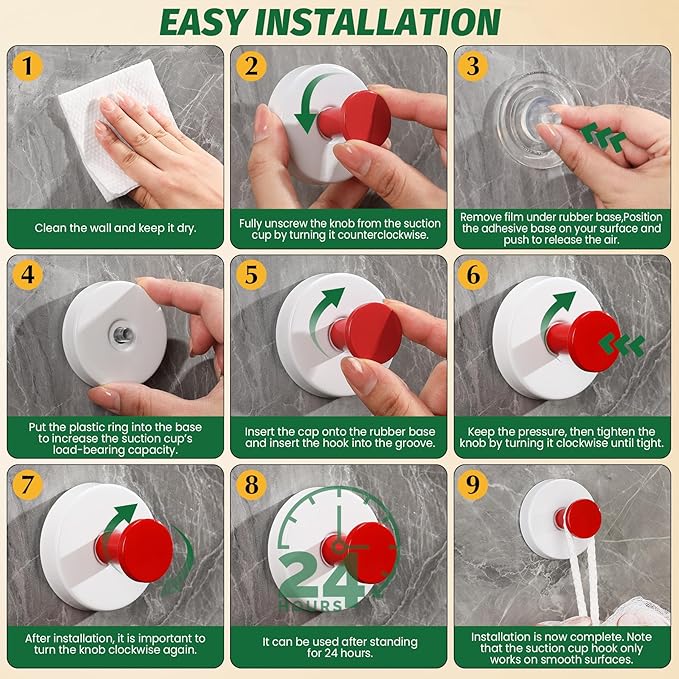 Reusable Heavy Duty Suction Cup Hooks for Kitchen/Bathroom/Shower - Wet-Proof Hooks for Towels, Robes, Loofah&Wreaths/No Drill Mounting on Glass, Tile, Metal (2, Red White)